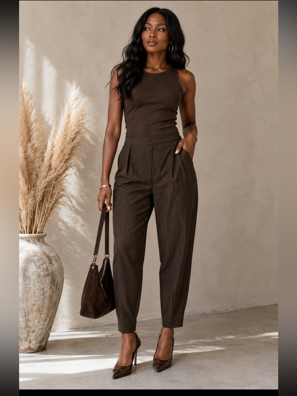 Zara Brown Pinstripe Balloon Tapered Pants - XL